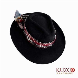 Black fedora hat for women, Peruvian Hat, Inka-q&#39;ero Woven Band Hat, Fedora Hat, White fedora hat for women, Mixed Felt and Alpaca Hat
