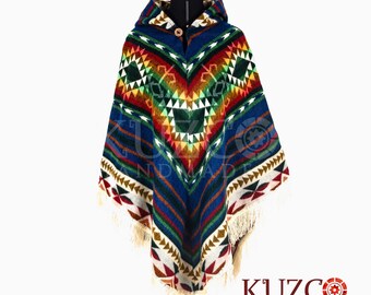 Native Alpaca Poncho, Unisex Poncho,  American Tribal Style Poncho, Ecuadorian Poncho, Alpaca Wool Hooded Poncho, Native Alpaca Poncho