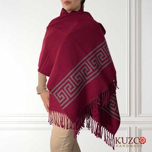 Reversible Alpaca Shawl, Bordeaux red and Gray Wrap, Soft Winter Scarf for Women, Handmade Alpaca Wool Accessory, Elegant Warm Gift