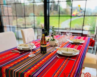 peruvian andean tablecloth, peruvian fabric by the yard, aguayo textile fabric for wedding, peruvian woven fabric, red tablecloth