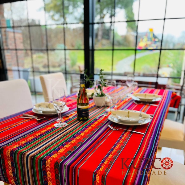 peruvian andean tablecloth, peruvian fabric by the yard, aguayo textile fabric for wedding, peruvian woven fabric, red tablecloth