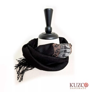 Elegant Black Scarf with Andean Motifs, 100% Baby Alpaca Wool Scarf – Soft, Winter gift scarf,Christmas scarf gift