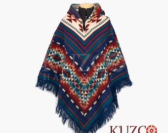 Poncho en alpaga indigène, poncho unisexe bleu, poncho indigène, poncho indien bleu, poncho de style tribal américain, poncho boho américain, poncho en alpaga