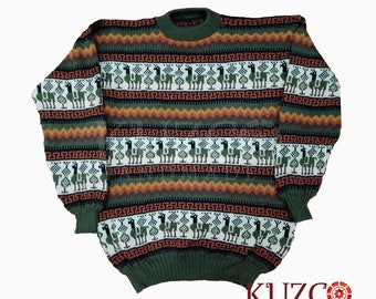 Green Men Alpaca Sweater, Alpaca sweater with Llama figures, Unisex alpaca sweater with round neck, Alpaca wool pullover