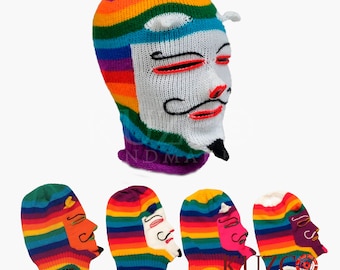 Máscara de lana de punto, Waq'ollo, raya arcoíris, pasamontañas de punto, pasamontañas peruano, máscara blanca de lana, máscara de lana de punto, pasamontañas unisex