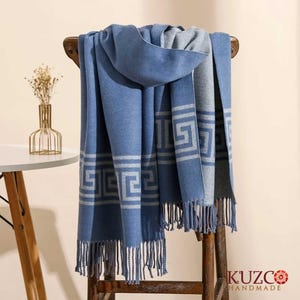 Reversible Alpaca Shawl, Light Blue and Gray Wrap, Soft Winter Scarf for Women, Handmade Warm Gift, Lightweight Fall Winter Accessory