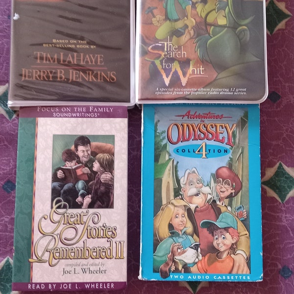 VINTAGE cassette tapes: Adventures in Odyssey (Search for Whit and collection 4), Left Behind, Great Stories Remembered II