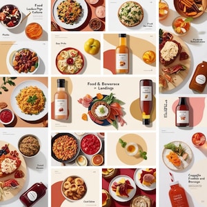 May include: A collage of images showcasing various food and beverage products. The images feature a variety of dishes, including salads, pasta, and desserts, as well as bottles of wine and juice. The images are arranged in a grid pattern and are set against a white background.