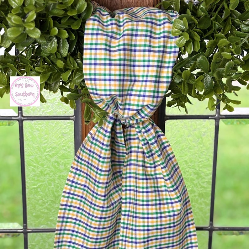 Handmade Plaid Mardi Gras Wreath Sash: Purple, Green, and Gold
