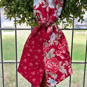 Red Floral Handmade Wreath Sash, Fall Floral Boxwood Wreath sash