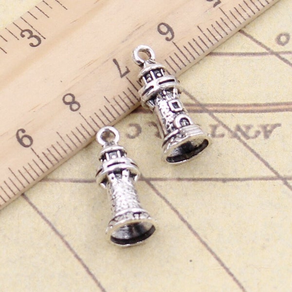 Castle Lighthouse charm, 5 pcs antique silver zinc alloy metal 3-D charms, Watchtower, Look out light warn ships boats, Lantern, 3984