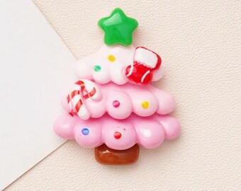 Pink Resin Christmas Tree Cabochons: Flat Back Embellishments (5 Pcs, 28mm