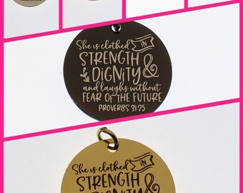 Inspirational Stainless Steel Charm Pendant, Proverbs 31:25