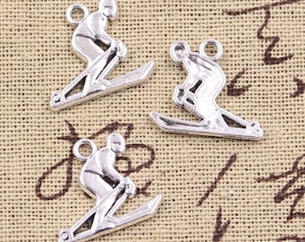5 Pcs Antique Silver Skier Charms: Winter Sport Pendants
