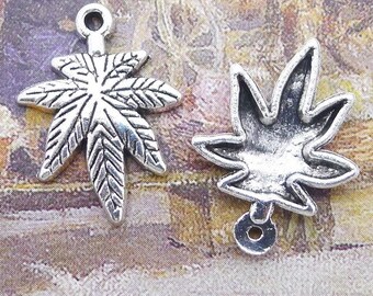 10 Pcs Antique Silver Marijuana Leaf Charms, Alloy Pendants (15x21mm)