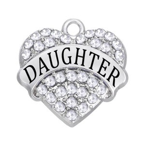 1 Pc. or 5 Pcs. Daughter Rhinestone Heart Charms, Sibling, Family, Mom, Parent, Child, Adoption, Decendant, Female, Woman, Girl Crafts