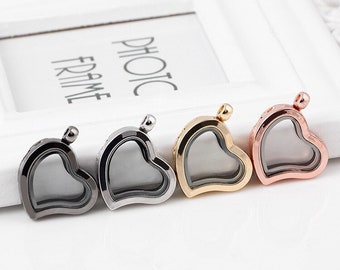 Heart Floating Memory Locket: Magnetic Glass Pendant, Rhinestone Back