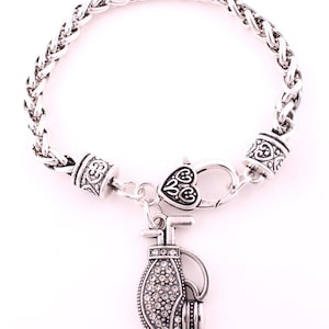 1  Rhinestone Golf Bag Charm Or Wheat Chain Bracelet w/ A Heart Lobster Claw Clasp w/ Clear Rhinestone Golf Bag Charm, Golfing Charm, B2532