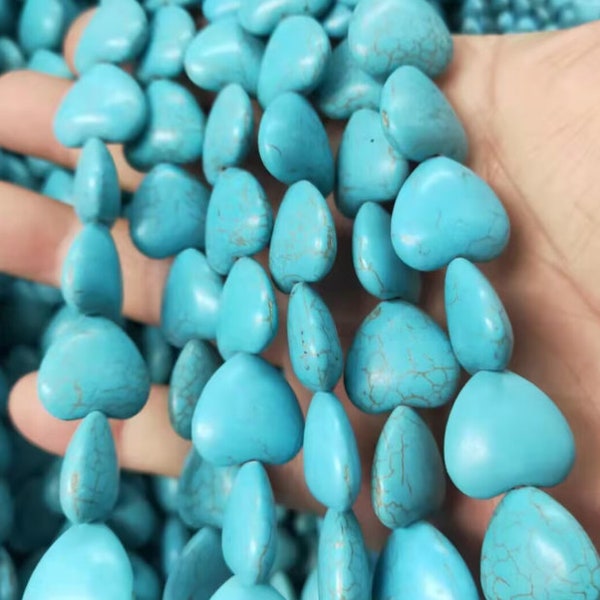 Full Strand Natural Howlite Dyed Turquoise Stone Heart Beads | 16MM Turquoise Heart Loose Beads | Drilled Top To Bottom Pendant Beads | 3685