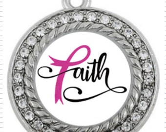 Rhinestone Breast Cancer Awareness Charm: Faith Survivor Pendant (24mm)