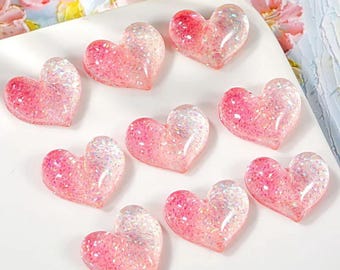 Cabujones de corazón con purpurina rosa: resina Kawaii con base plana (5 piezas) 124