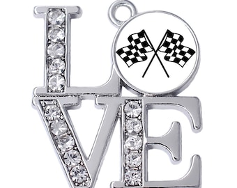 Rhinestone Love Checkered Flags Charm: Racing Pendant