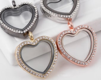 Rhinestone Heart Floating Locket: Magnetic Glass Pendant (30mm)