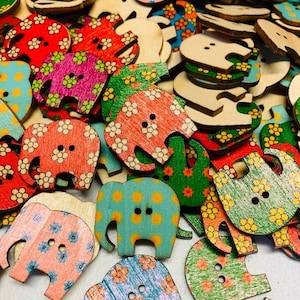 10 Pcs. Elephant Wooden Button, Flower Pattern Wood Buttons, Two Holes Button, BOHO Bohemian Button, Children Button, Animal Button, 3039