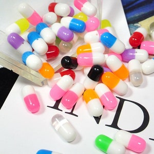 Fake Pills Cabochons, 10 Pcs. Doctor, Nurse, Pharmacist Pill Cabochons, Tiny Fake Happy Pills, Miniature Pill Capsules, Vitamin Pills 30