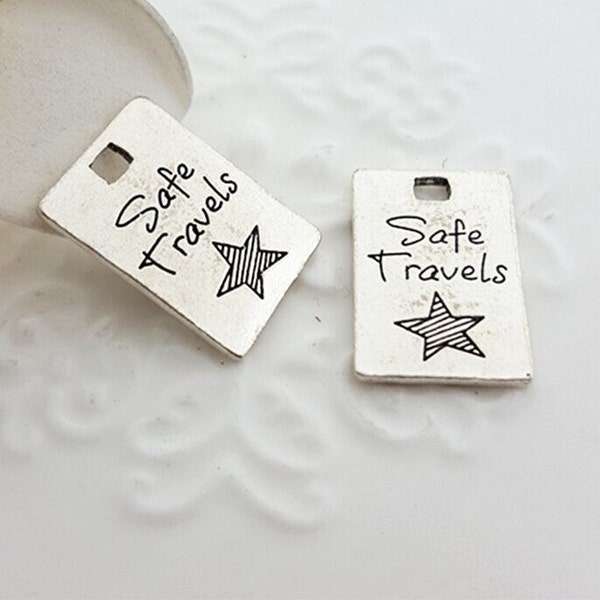 5 Pcs or 10 Pcs, Safe Travels Charms, 2-Sided Word Tags, Camping, Vacation Time, World Traveler, Going Places, Driving, Flying, On The Go