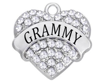 Grammy Rhinestone Heart Charm: Alloy Grandmother Pendant (24mm)