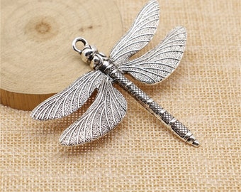 2 Pc. Antique Silver Tone Dragonfly Pendants, Large Charms (72x62mm)