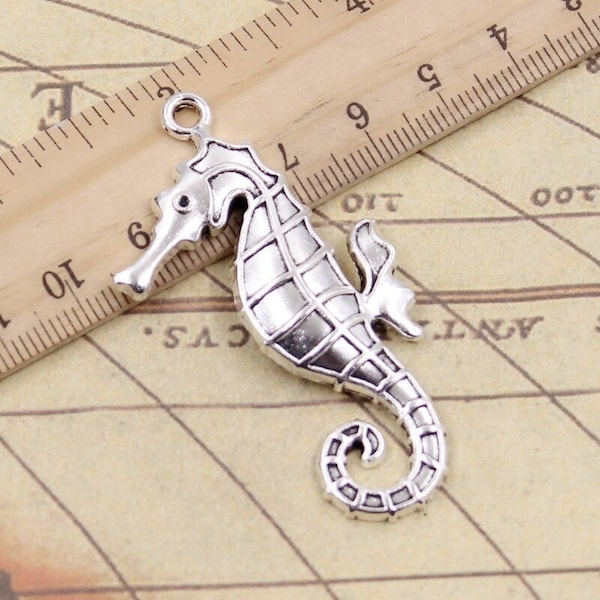 2 Pcs. Large Silver Seahorse Charm, Pendants, Hippocampus Seahorse, 59 x 31MM, Sea Life Ocean Charms, Large Pendant, 3163