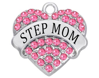 Pink Rhinestone Step Mom Heart Charm Pendant (24mm)