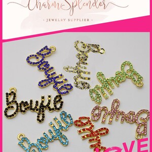 1 Pc. Rhinestone Boujie Word Script Charm, Pendants, Set In Gold Alloy Metal B1230-B1236
