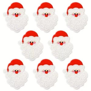 Peut inclure: Huit écussons brodés représentant le visage du Père Noël. Chaque écusson présente un bonnet rouge, un visage rose, une barbe blanche bouclée et un petit nez rouge. Idéal pour les travaux manuels et les décorations de Noël.