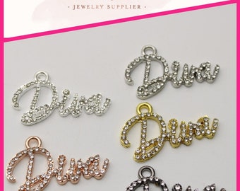 10pcs/lot CZ Paved Black Girl Mardi Gras Diva Word Charm Pendants