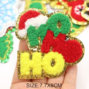 Ho Ho Ho, parche bordado de Chenille de Navidad, hierro en, apliques de bricolaje, insignias de costura para la ropa, carta grande de diversión de vacaciones de 1 pieza, artesanía de regalo