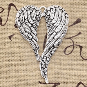 2 Pcs. Large Angel Wings Charms, Pendants, Celestial Being Charms, Memorial Charms, Curved Wings, Alloy Antique Silver Metal, B1899