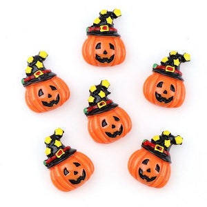 Halloween Pumpkin W/ Witches Hat Resin Flat Backs, 5 pcs. Flatback, Pumpkin W/ Wizard Hat Resins, Hair Bow Centers, DIY Crafts, D7