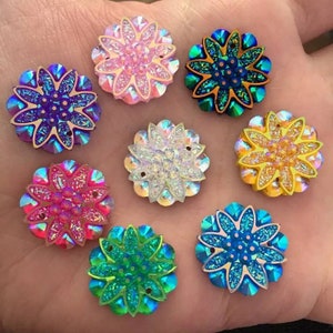 Ab iridescente resina flor flatback 2 botões de furo, decoração de casamento, 2 botões de furo 18mm 0009