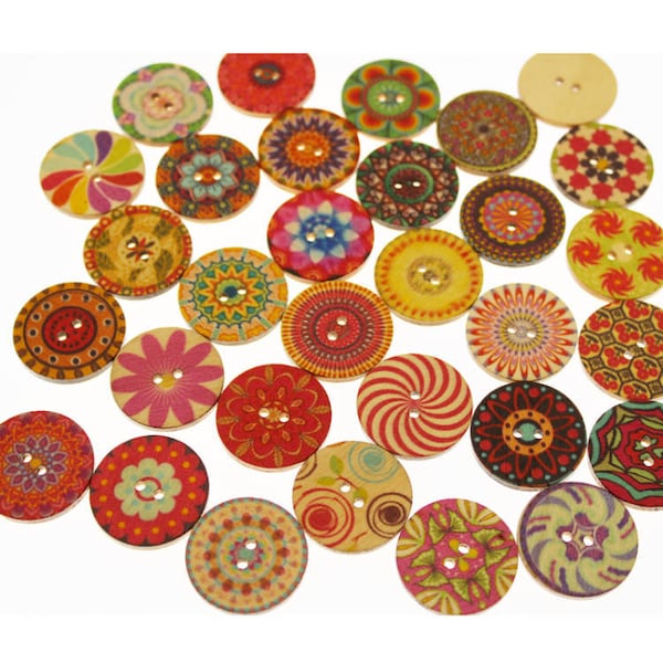 20 Pcs. Bohemain Boho Mixed Wooden Buttons, Wooden Colorful Buttons, Two Hole Buttons, Scrap Booking, Card Making, DIY Crafts Buttons B3019