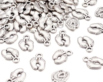 Bulk Antique Silver Baby Feet Charms: Zinc Alloy (13x10mm)