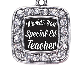 Rhinestone Special Ed Teacher Charm: Alloy Square Pendant (22mm)