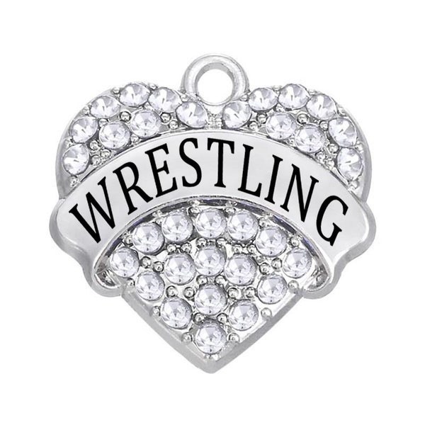 1 Pc. or 5 Pcs. Wrestling Rhinestone Heart Charms, Pendants, Word, Folkstyle, Freestyle, Olympic Style, Wrestle, Scuffle, Grapple, Wrangle