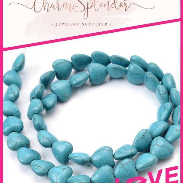 Full Strand Natural Howlite Dyed Turquoise Stone Heart Beads | 8MM Turquoise Heart Loose Beads | Drilled Top To Bottom Pendant Bead | 3121