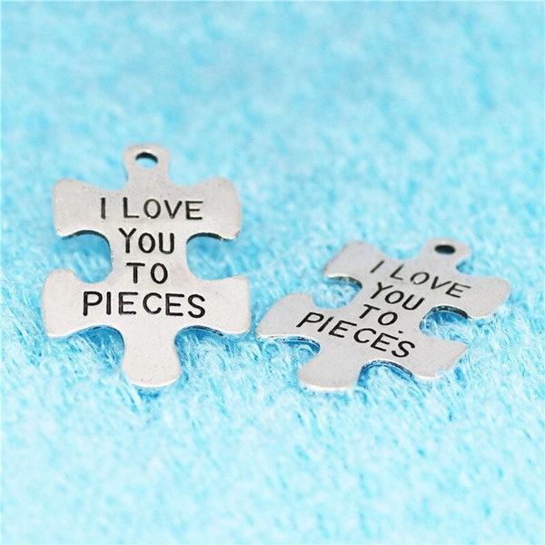 I Love You To Pieces Charm, Pendants, 6 pcs antique silver zinc alloy metal charms, Puzzle piece word expression from the heart, 2055