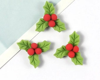 Christmas Holly Resin Cabochons: Winter Mistletoe Flat Backs (5 Pcs, 20x24mm)