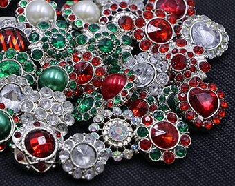 Christmas Rhinestone Pearl Shank Buttons: Red and Green Acrylic Sewing Embellishments