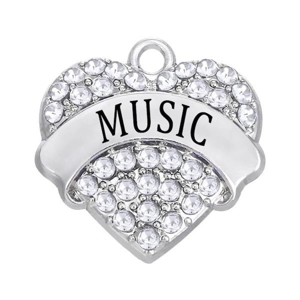 1 Pc. or 5 Pcs. Music Rhinestone Heart Charms, Crystal Word Pendants, Instruments, Sounds, Symphony, Band, Jazz, Rock-n-Roll, Country, Pop